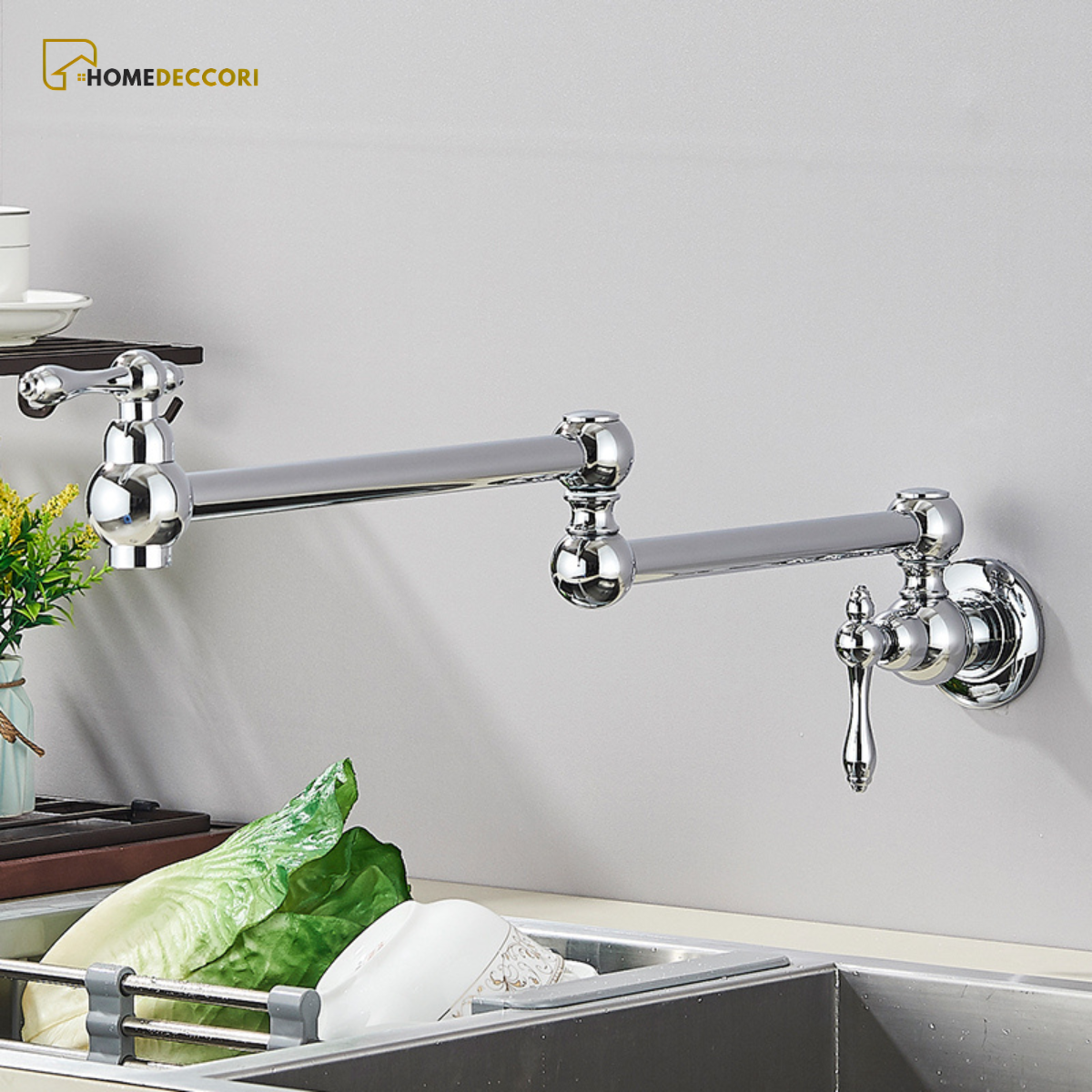 Torneira articulada de parede inox Veneza para cozinha moderna.