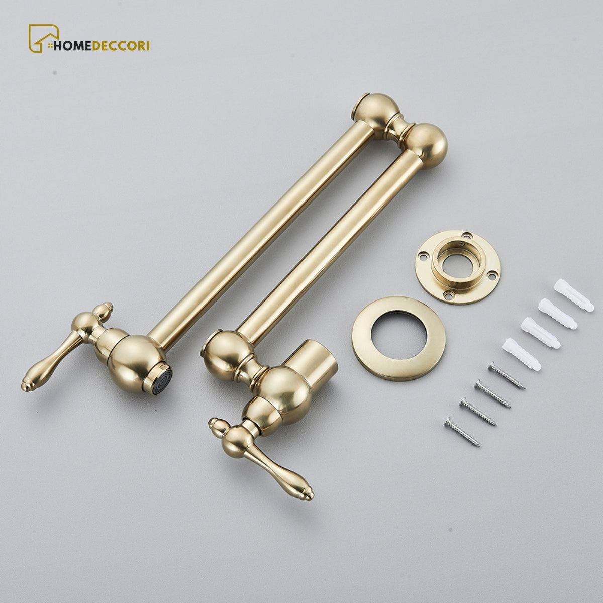 Torneira articulada de parede Veneza em inox dourado com kit de instalação Homedeccori.