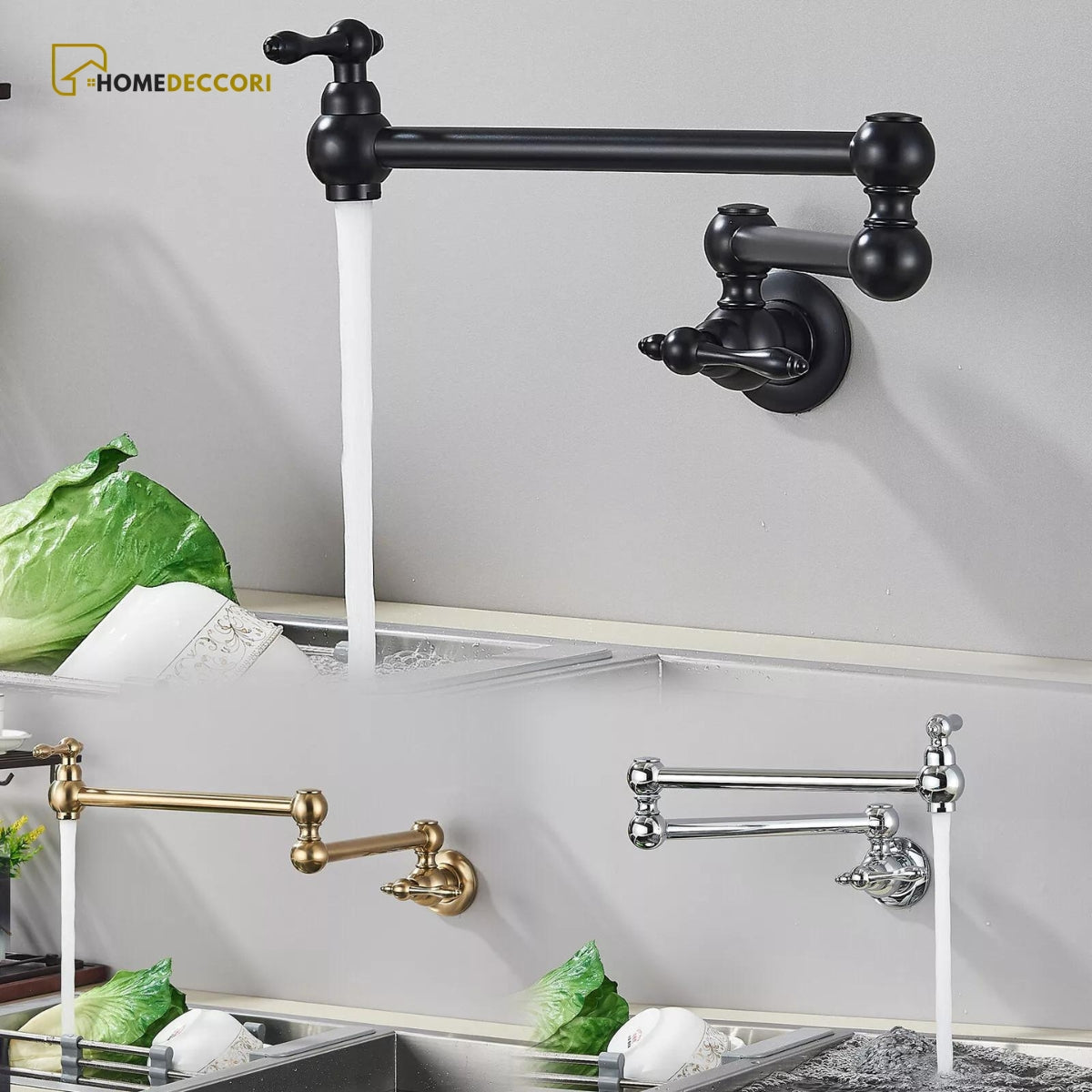 Torneira articulada de parede para cozinha nas cores preto, dourado e inox.