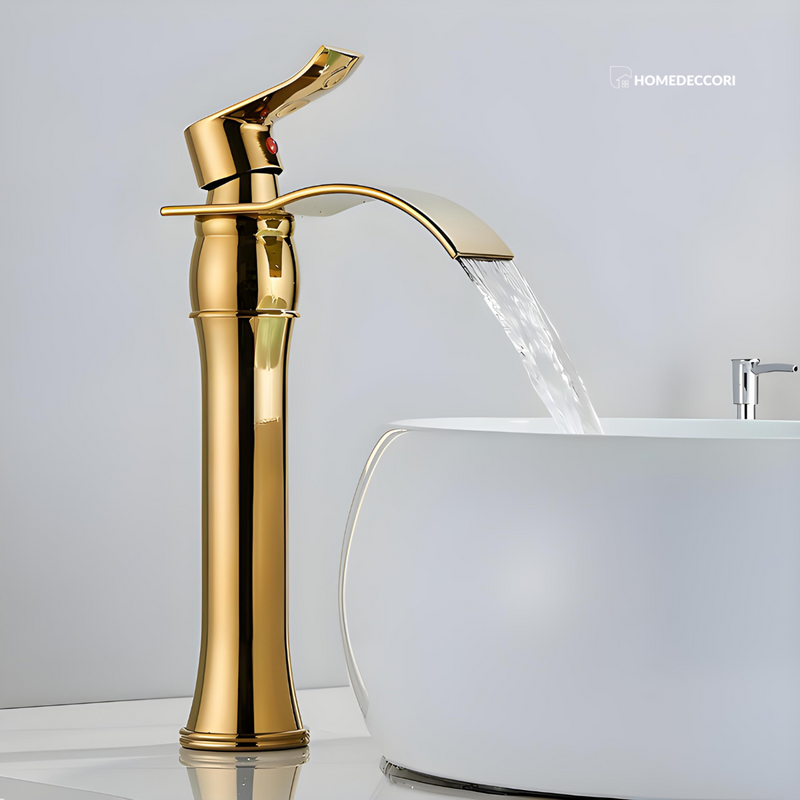 Torneira Para Banheiro Dourada Bica Alta Monocomando Cascata Luxo Misturador Sink