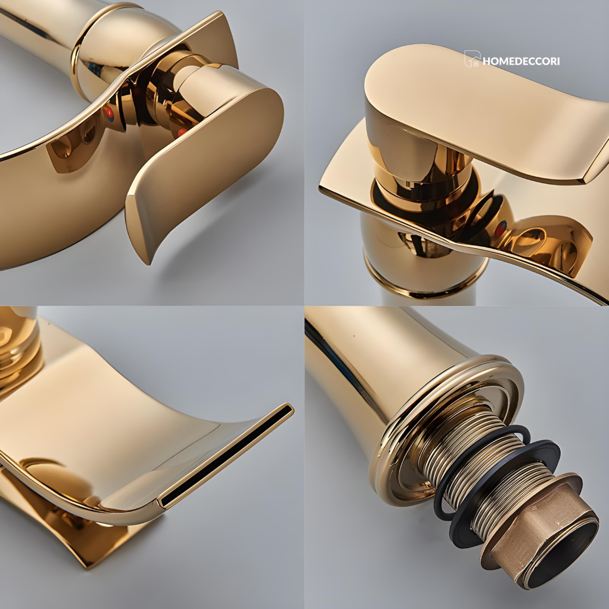 Detalhes da torneira monocomando cascata dourada luxo Homedeccori para banheiro.