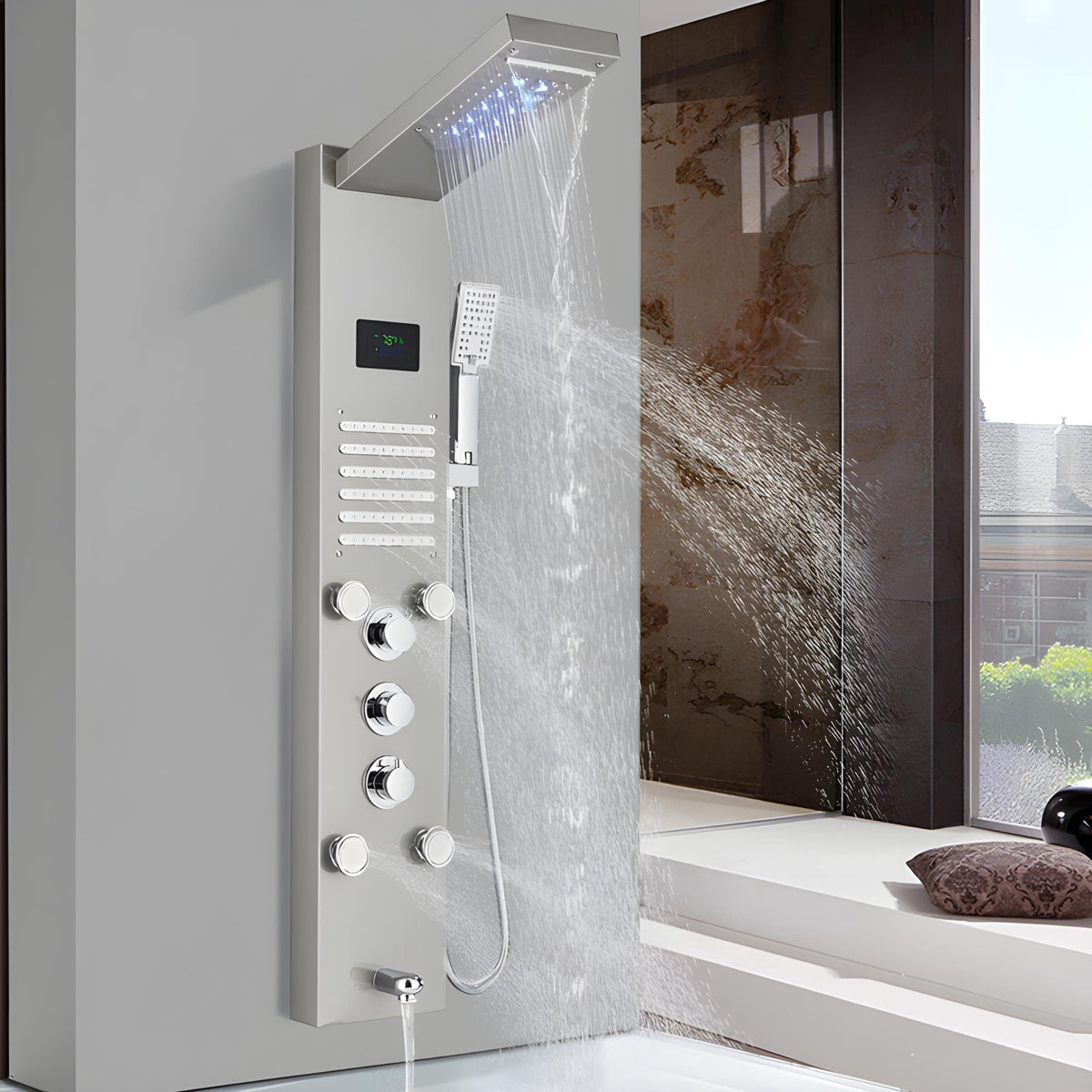 Ducha vertical Homedeccori em inox com hidro cascata, LED, visor digital e chuveiro de mão.