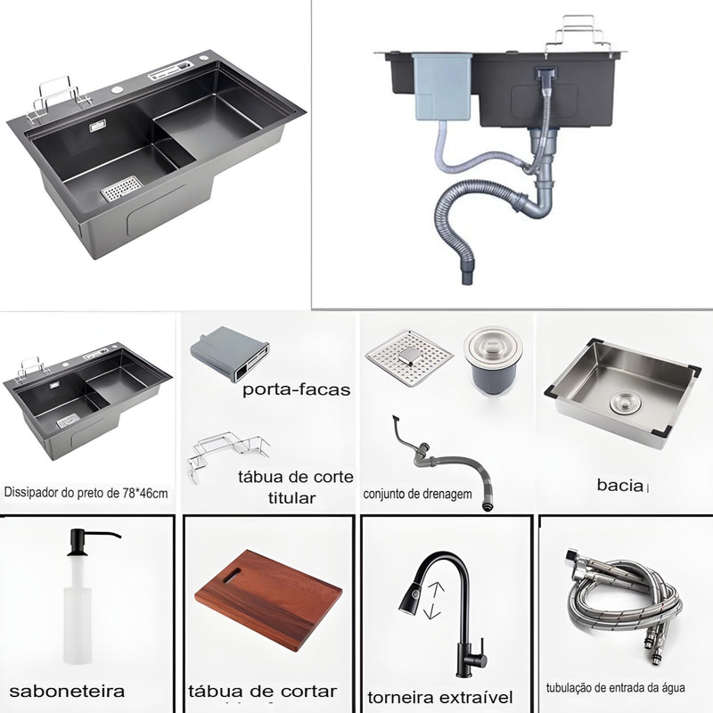 Cuba Gourmet Inox Pia Dupla Preta 78×46cm Completa Aqua Prime