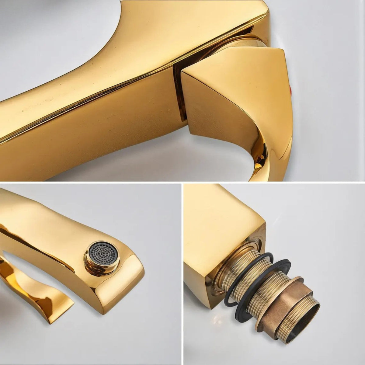 Detalhes da torneira monocomando para banheiro Votex em dourado com arejador e conexão.