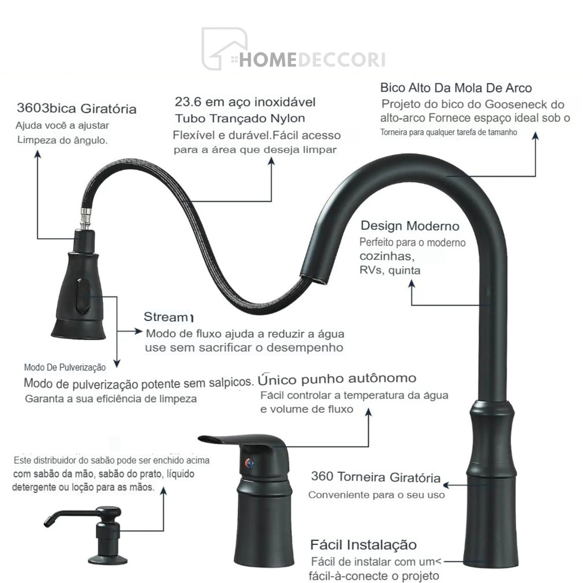 Torneira Gourmet Monocomando Extensível Com Dispenser Flowix