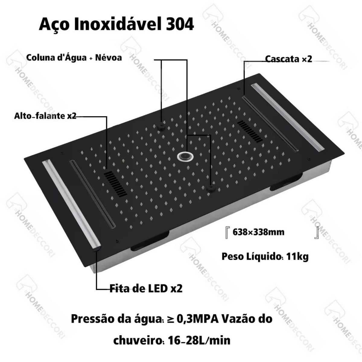 Ducha de Teto Embutir Spa Inox 63x33 LED Bluetooth Homulo - Homedeccori
