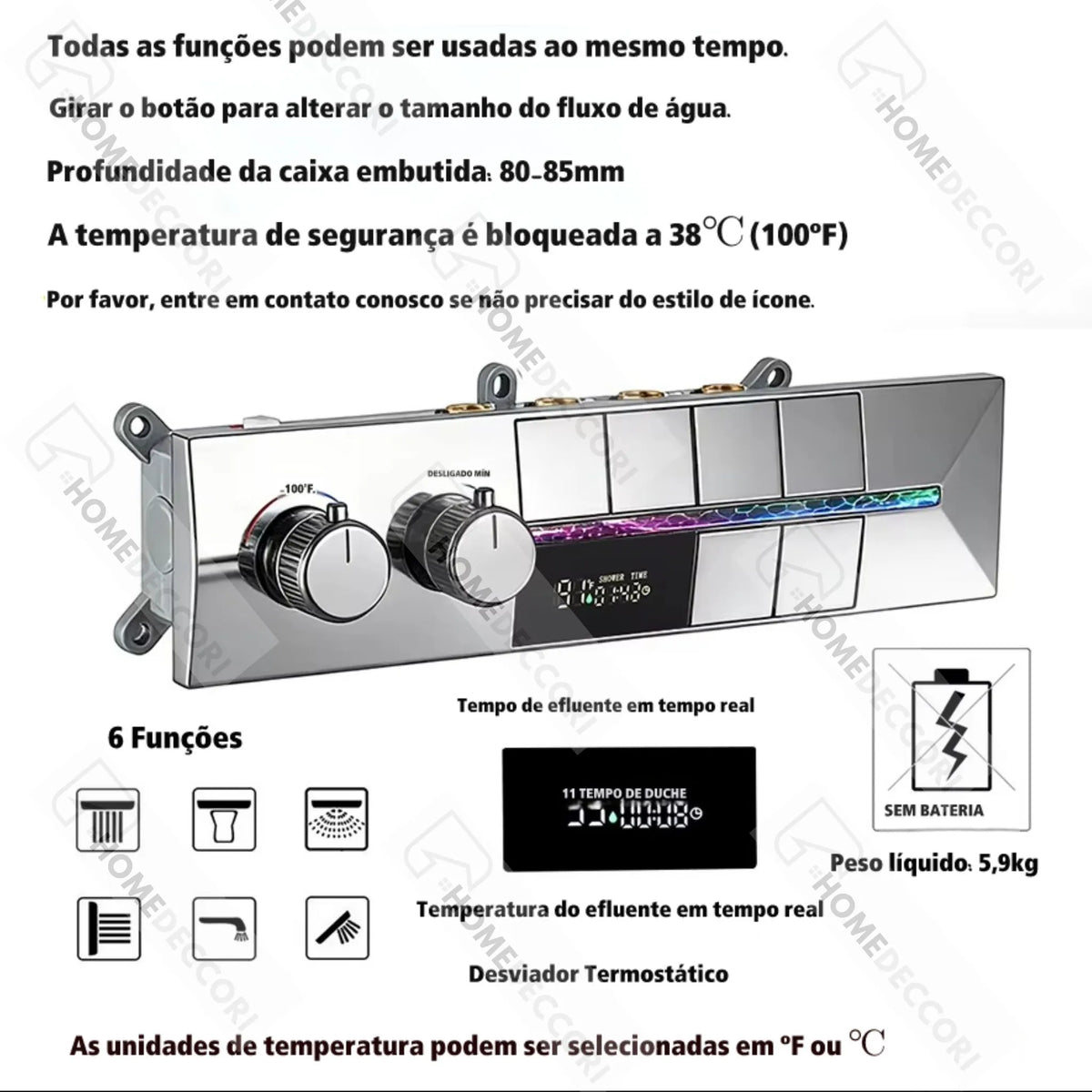 Ducha de Teto Inox 50x50 Spa Cascata LED Aquaville - Homedeccori