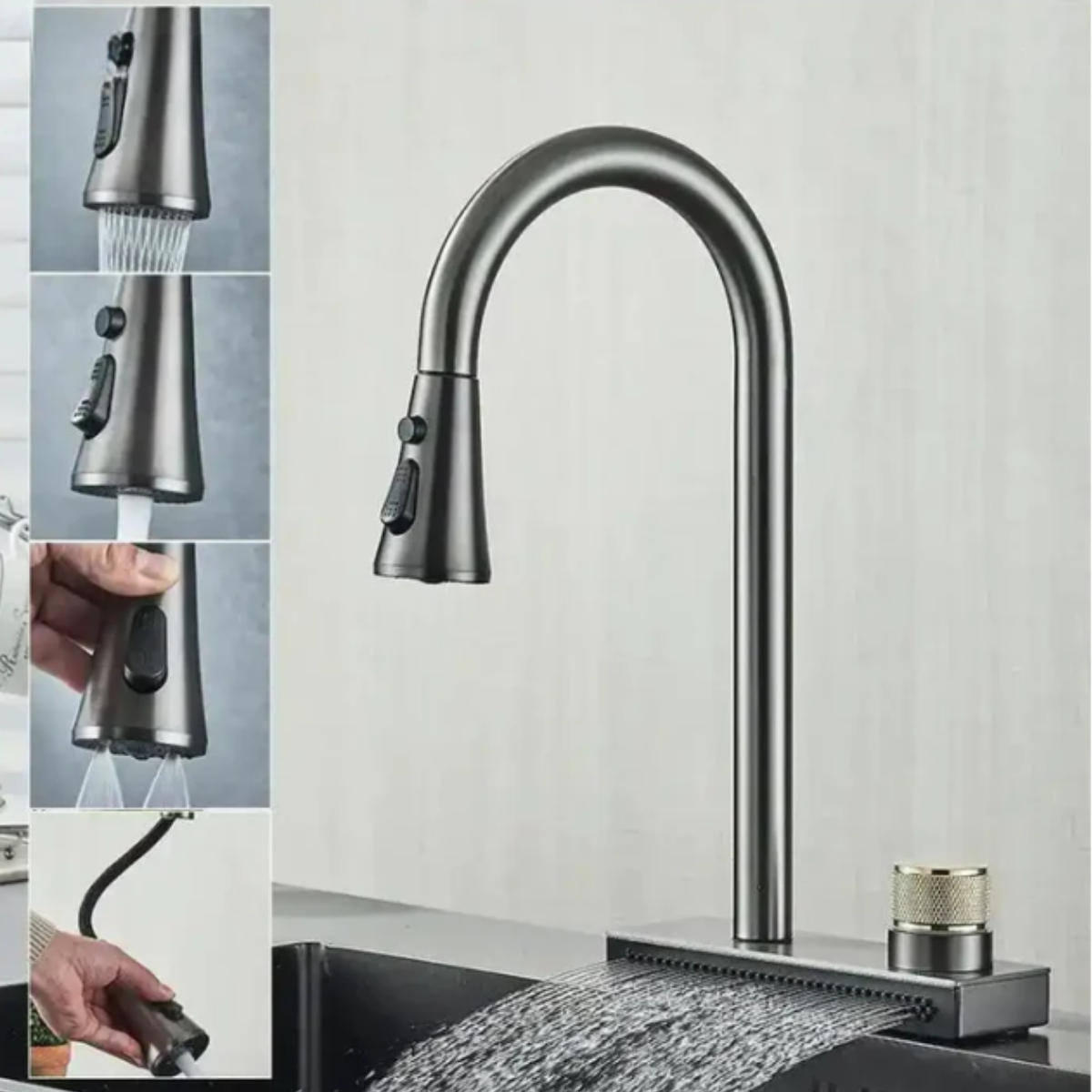 Torneira Gourmet Raffinata monocomando com spray 360 e diferentes modos de jato em cinza fosco.