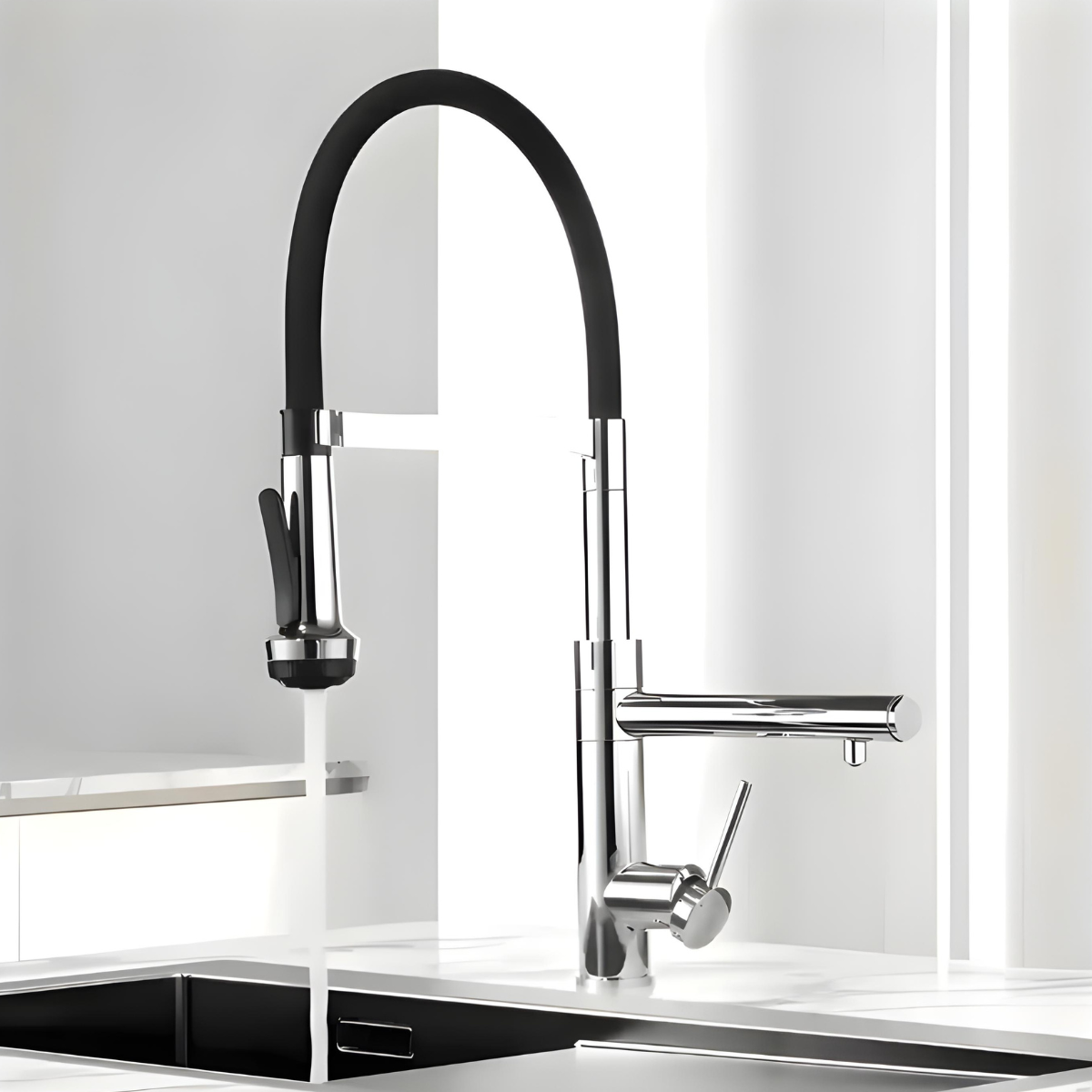 Torneira Gourmet Cozinha Monocomando Misturador Melridge da Homedeccori em cromado e preto.