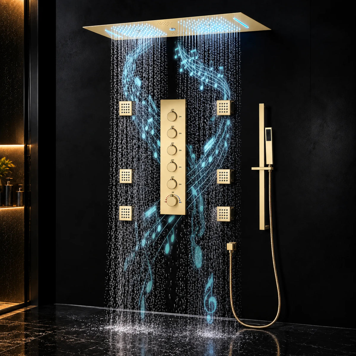 Ducha De Teto Embutir Inox 90x30 LED Bluetooth 6 Jatos Altezza