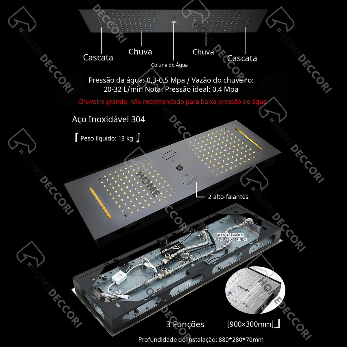 Ducha De Teto Embutir Inox 90x30 LED Bluetooth Spa Corinto - Homedeccori