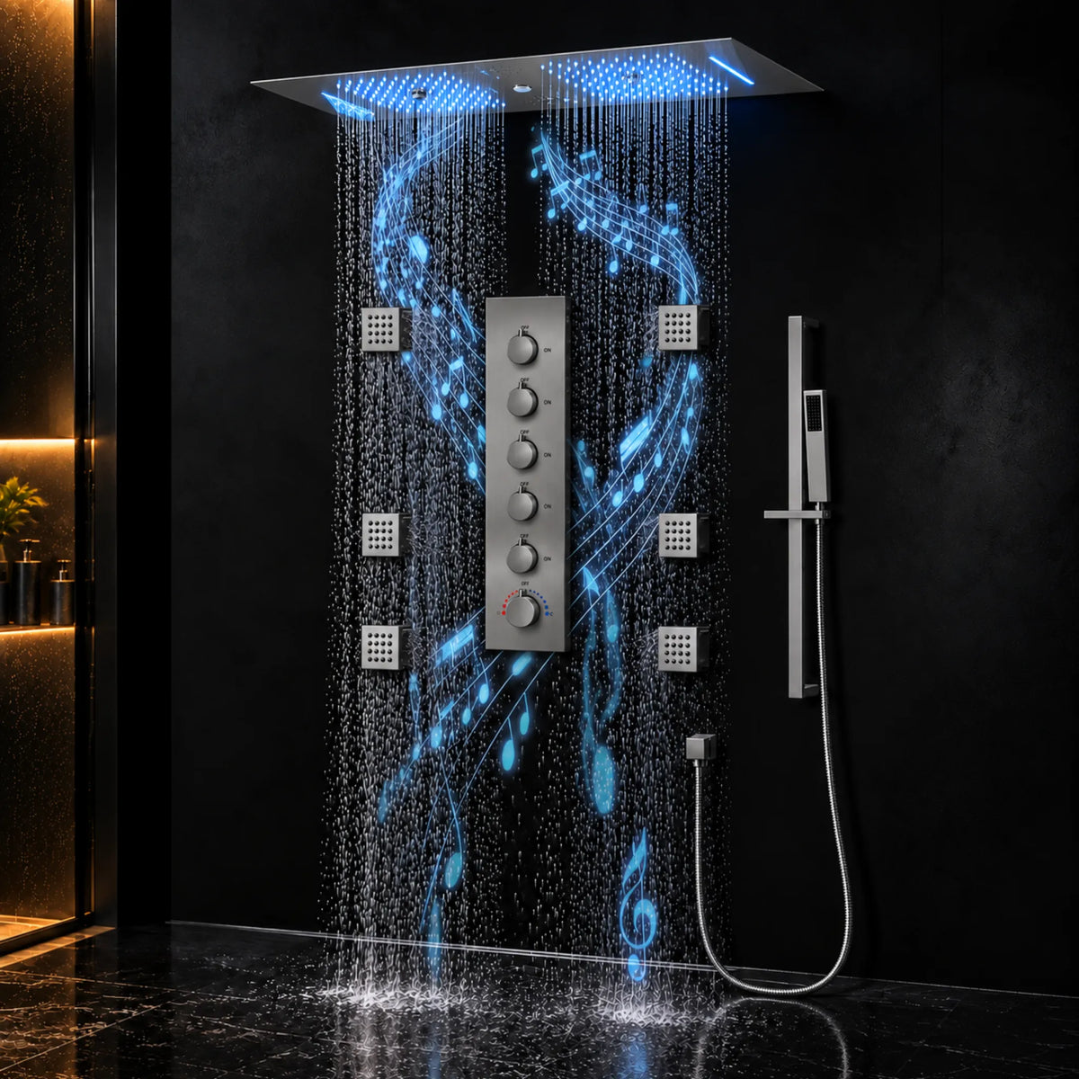 Ducha De Teto Embutir Inox 90x30 LED Bluetooth 6 Jatos Altezza - Homedeccori