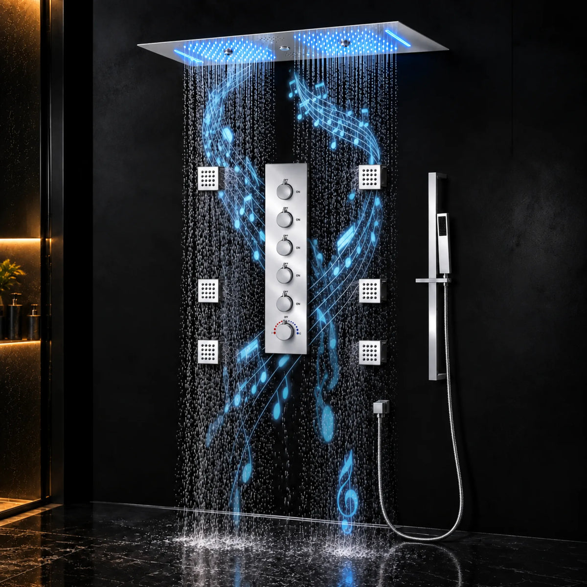 Ducha De Teto Embutir Inox 90x30 LED Bluetooth 6 Jatos Altezza