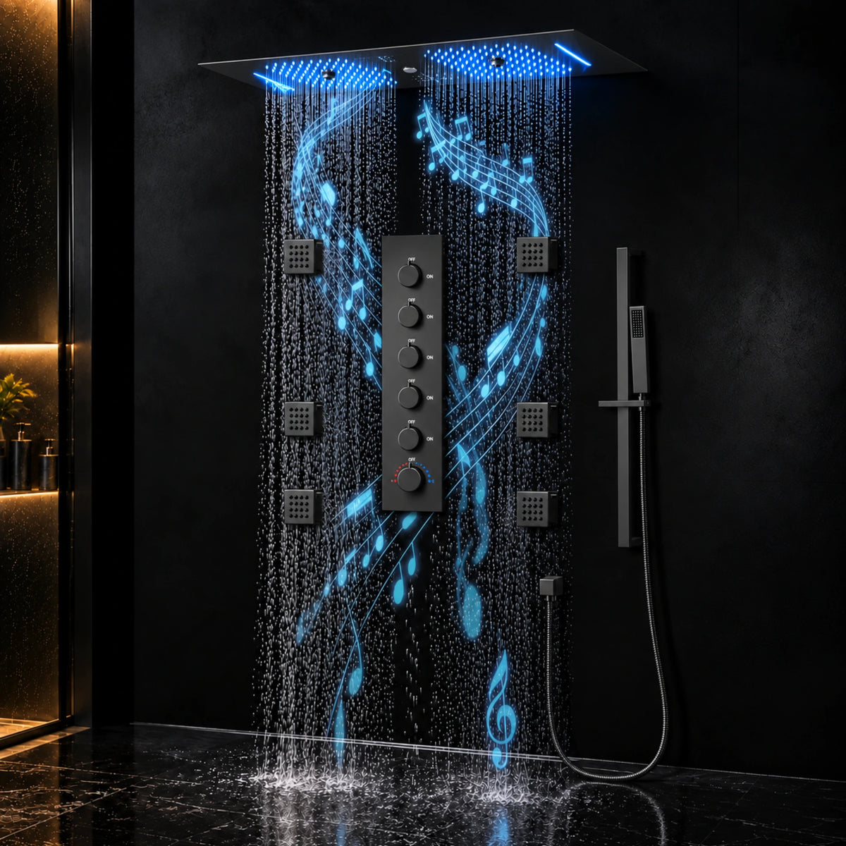 Ducha De Teto Embutir Inox 90x30 LED Bluetooth 6 Jatos Altezza - Homedeccori