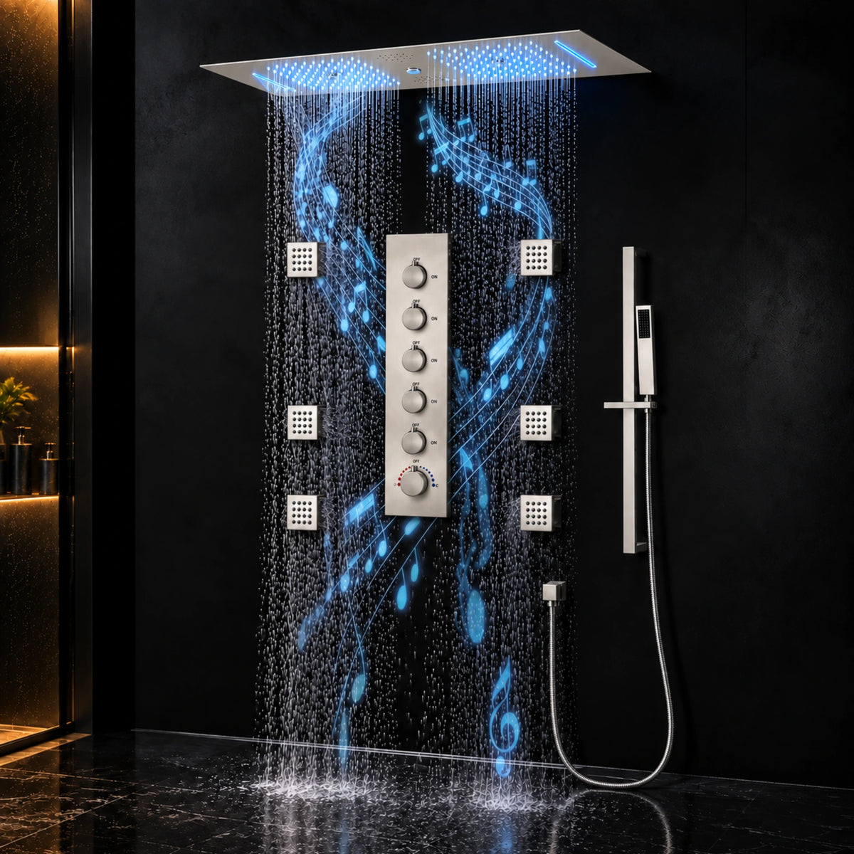 Ducha De Teto Embutir Inox 90x30 LED Bluetooth 6 Jatos Altezza - Homedeccori