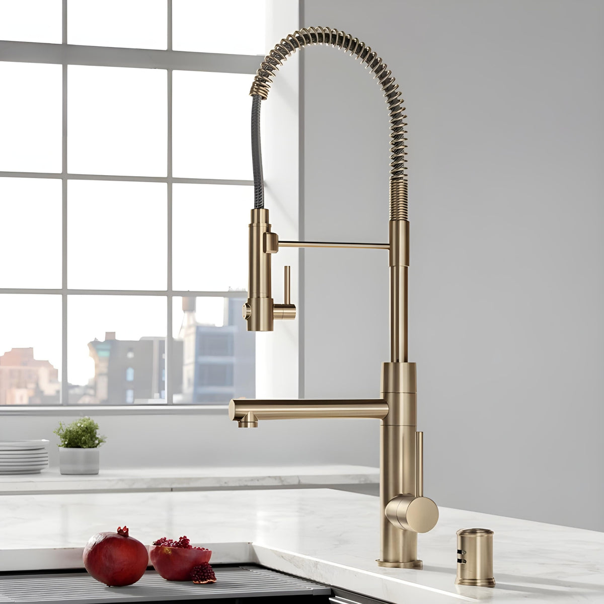 Torneira Gourmet Monocomando Santorini de luxo em dourado fosco sobre bancada de mármore branco.