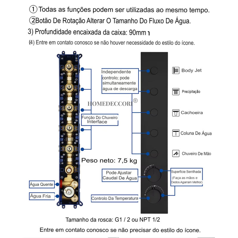 Ducha de Teto Embutir Spa Inox 63x33 LED Bluetooth Homulo
