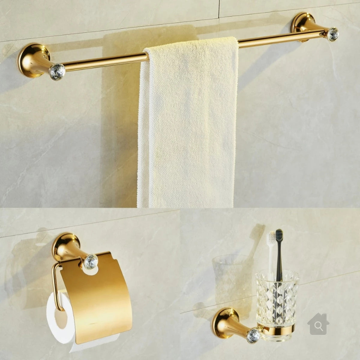 Luxury gold bathroom accessories set with towel bar, toilet paper holder, and toothbrush cup on marble wall, Homedeccori