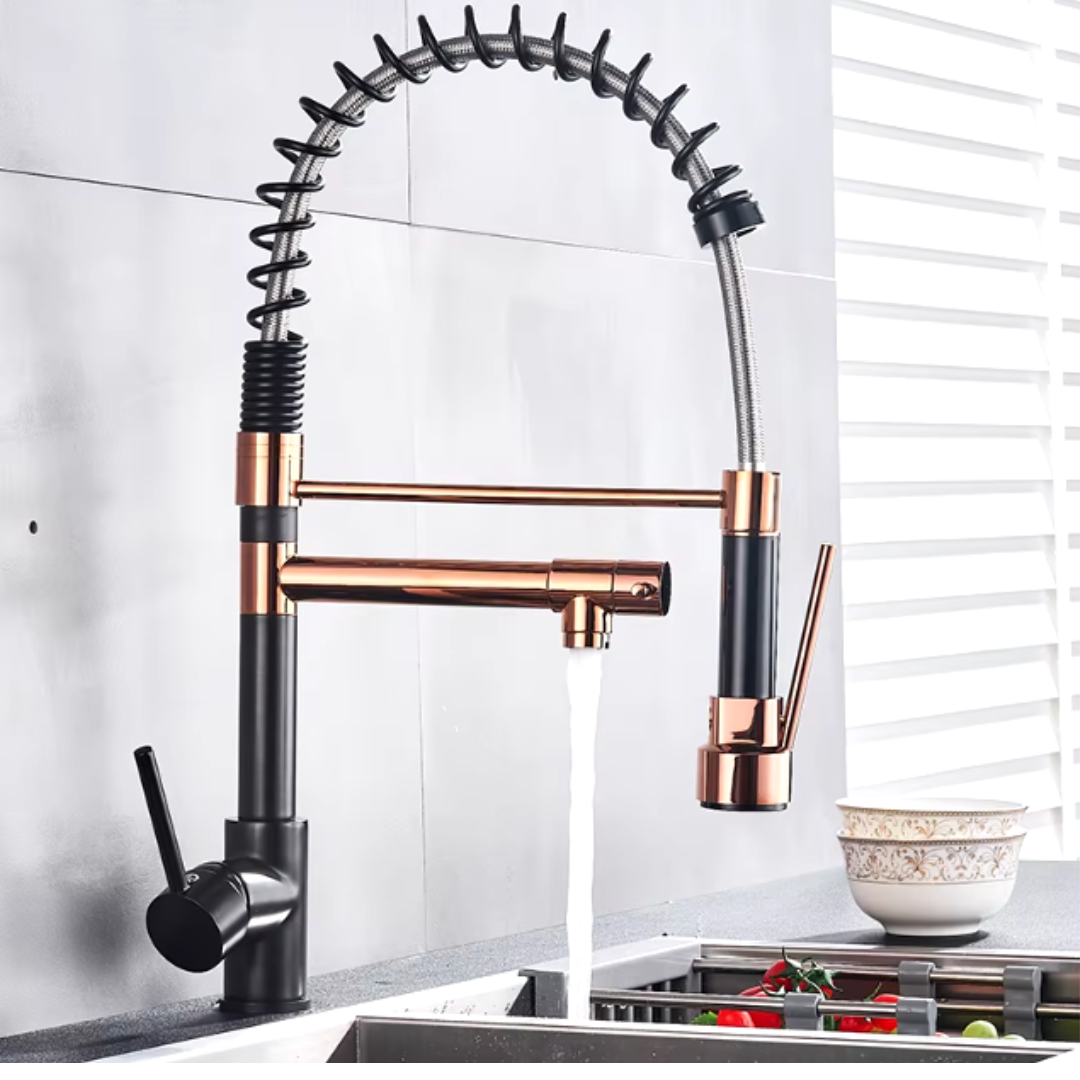 Torneira Gourmet Monocomando Dual Mola Spray Bica Alta Sereníssima em preto e cobre