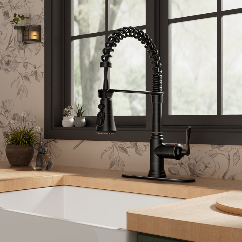 FURUISI Pull Down Single Handle Kitchen Faucet with Deck Plate, Oil Rubbed Bronze