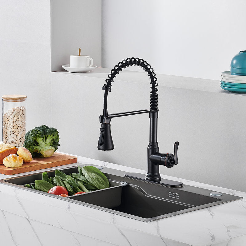FURUISI Pull Down Single Handle Kitchen Faucet with Deck Plate, Oil Rubbed Bronze