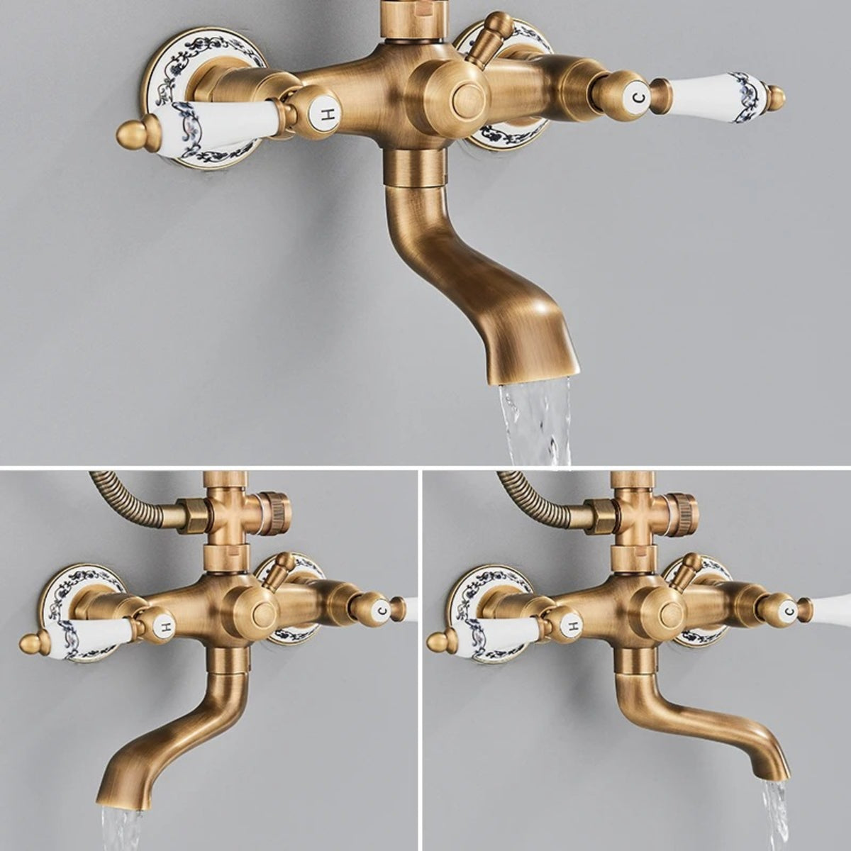 Misturador de banho Monarch em bronze antigo com design vintage e detalhes em porcelana.