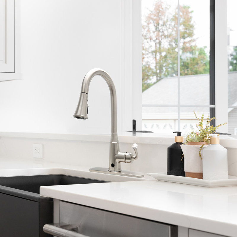 JS Pull Down Touchless Sensor Single Handle Kitchen Sink Faucet with Deck Plate 3 Spray Modes
