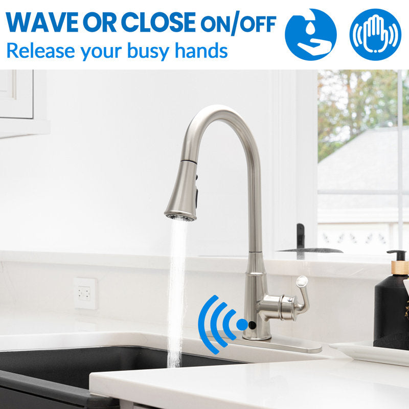 JS Pull Down Touchless Sensor Single Handle Kitchen Sink Faucet with Deck Plate 3 Spray Modes