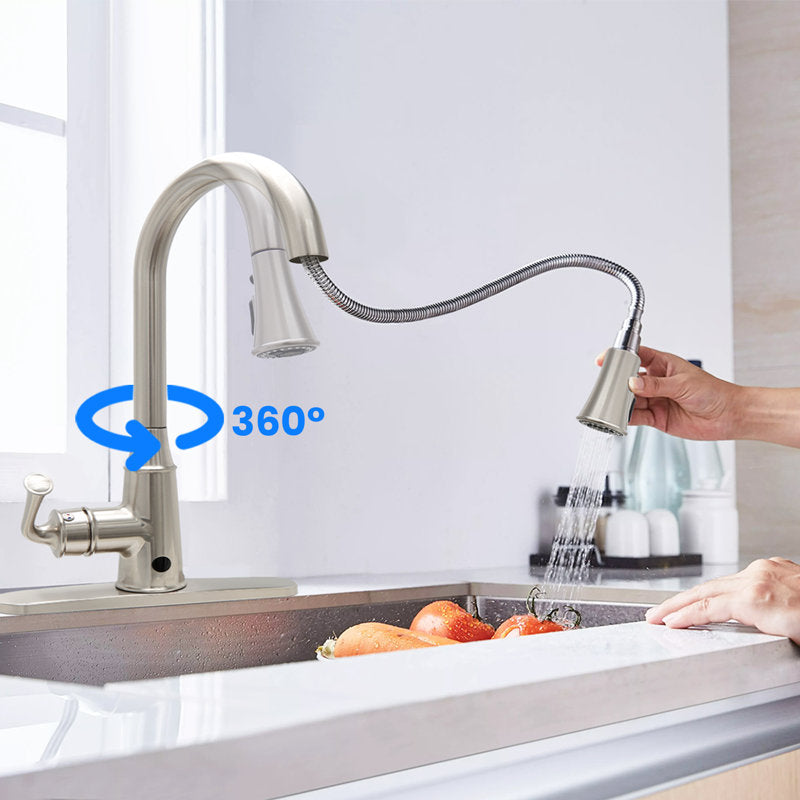 JS Pull Down Touchless Sensor Single Handle Kitchen Sink Faucet with Deck Plate 3 Spray Modes