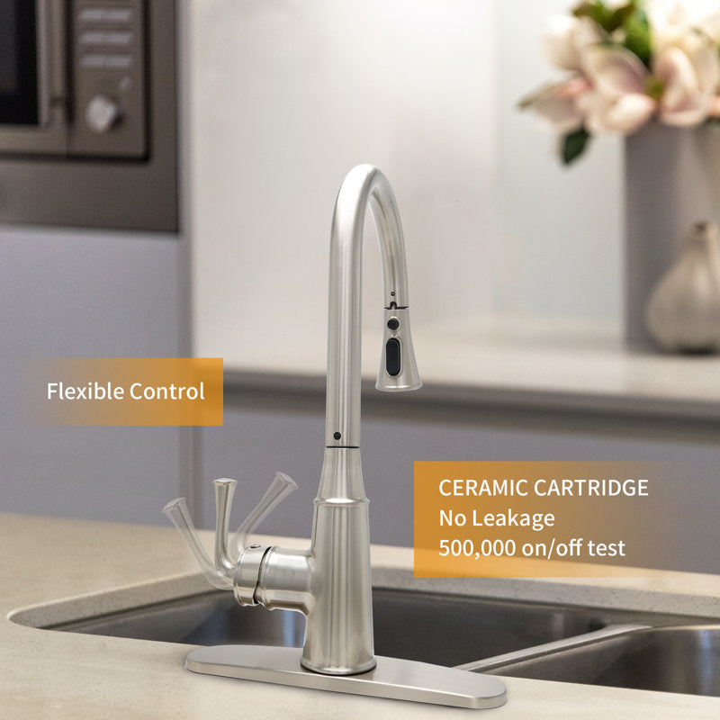 JS Pull Down Touchless Sensor Single Handle Kitchen Sink Faucet with Deck Plate 3 Spray Modes