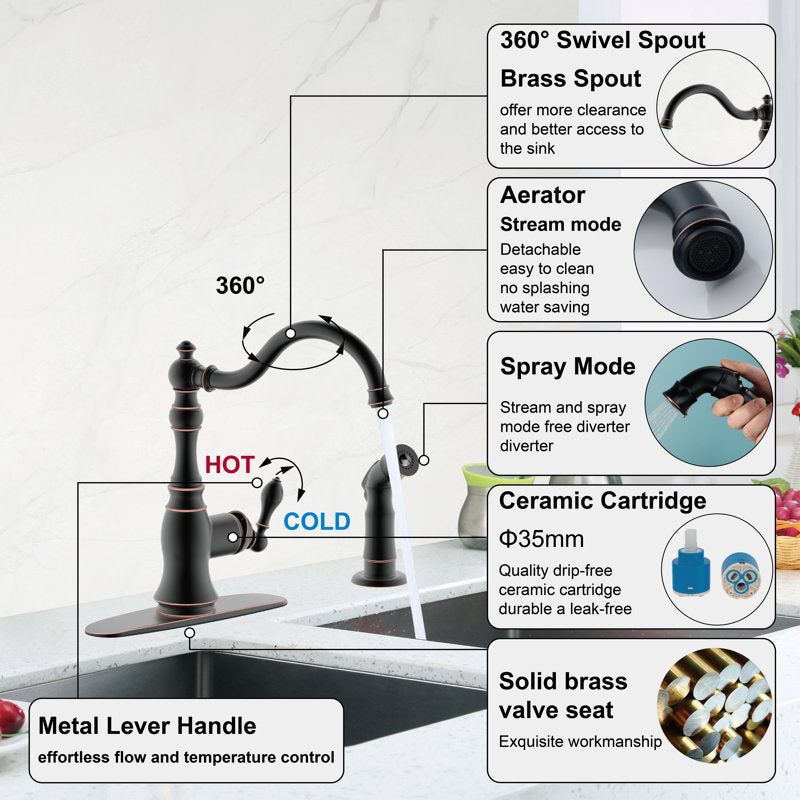 Single Handle Kitchen Faucet With Side Spray,2 Hole Or 4 Hole Installation