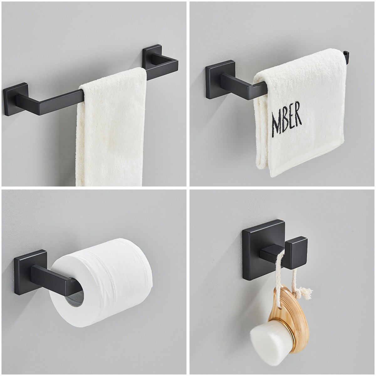 Conjunto de acessórios para banheiro Shine em aço inox 304 preto fosco: toalheiros e porta papel.