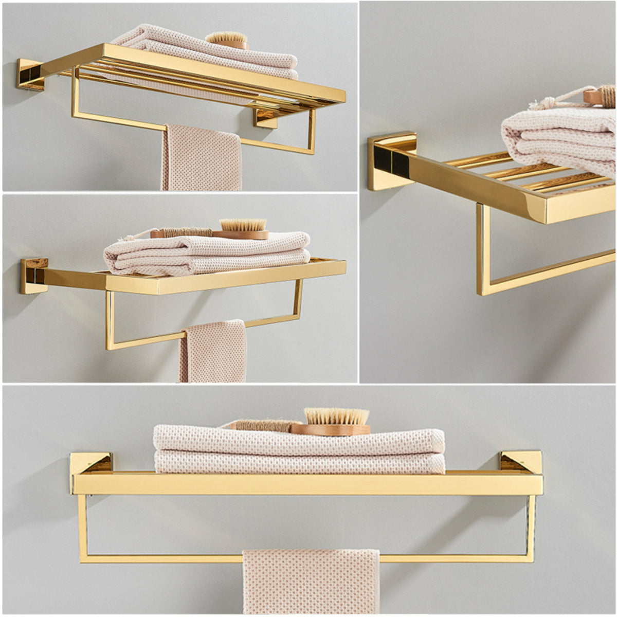 Toalheiro de luxo em aço inox dourado Homedeccori com prateleira e barra para toalhas.