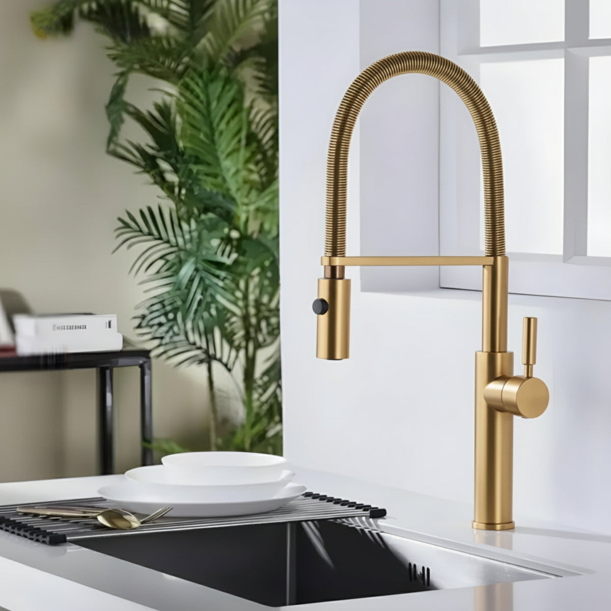 Torneira Gourmet Monocomando Dual Spray Misturador Colin em dourado instalada na cozinha.