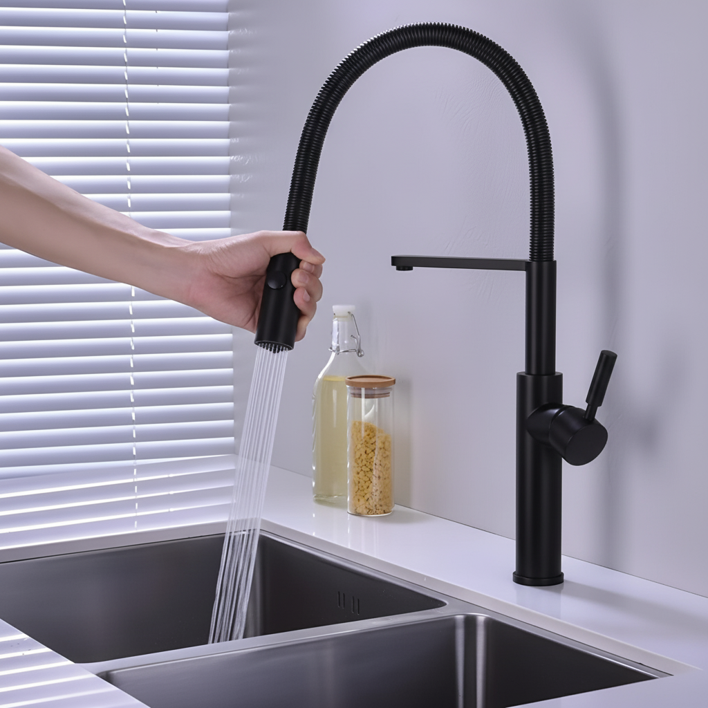 Torneira Gourmet Monocomando Dual Spray Misturador Colin preta em uso na pia da cozinha
