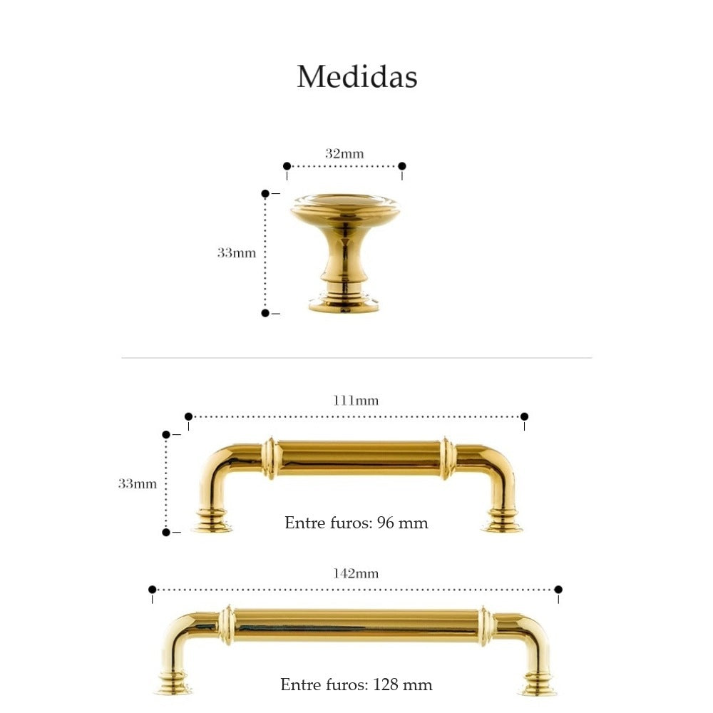 Medidas do puxador Bassano: ponto 32 mm, alças 96 e 128 mm entre furos