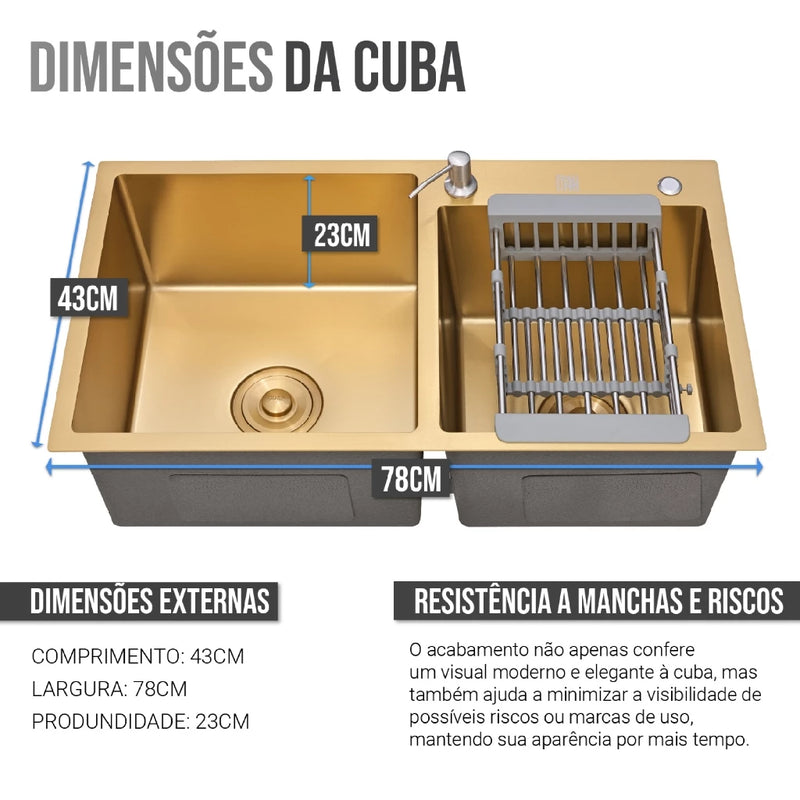 Kit Cuba Dupla Inox 78x43 + Torneira Dourada Completa Lux Gold