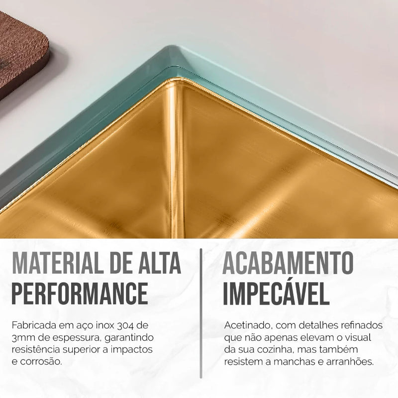 Kit Cuba Dupla Inox 78x43 + Torneira Dourada Completa Lux Gold