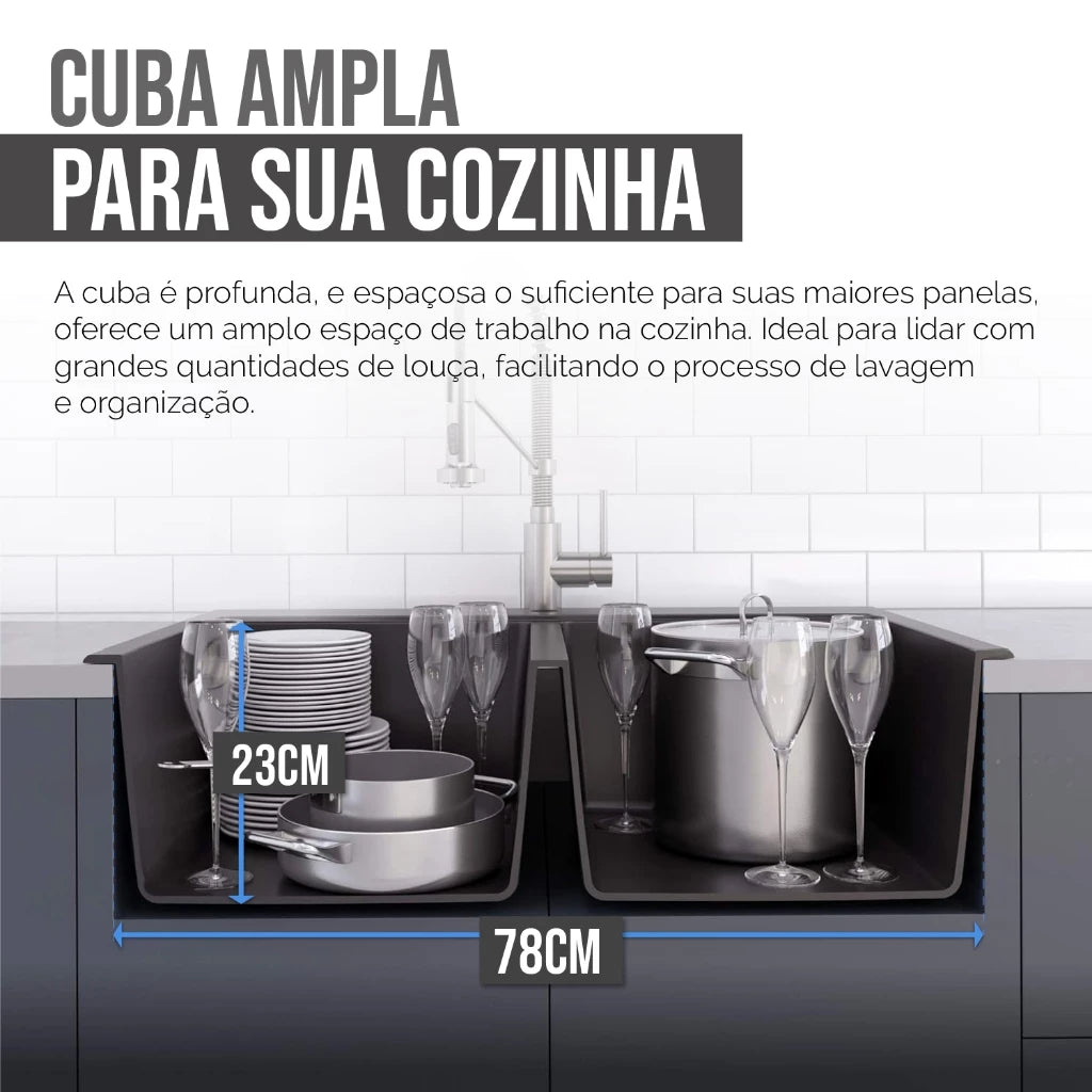 Kit Cuba Dupla Inox 78x43 + Torneira Dourada Completa Lux Gold - Homedeccori