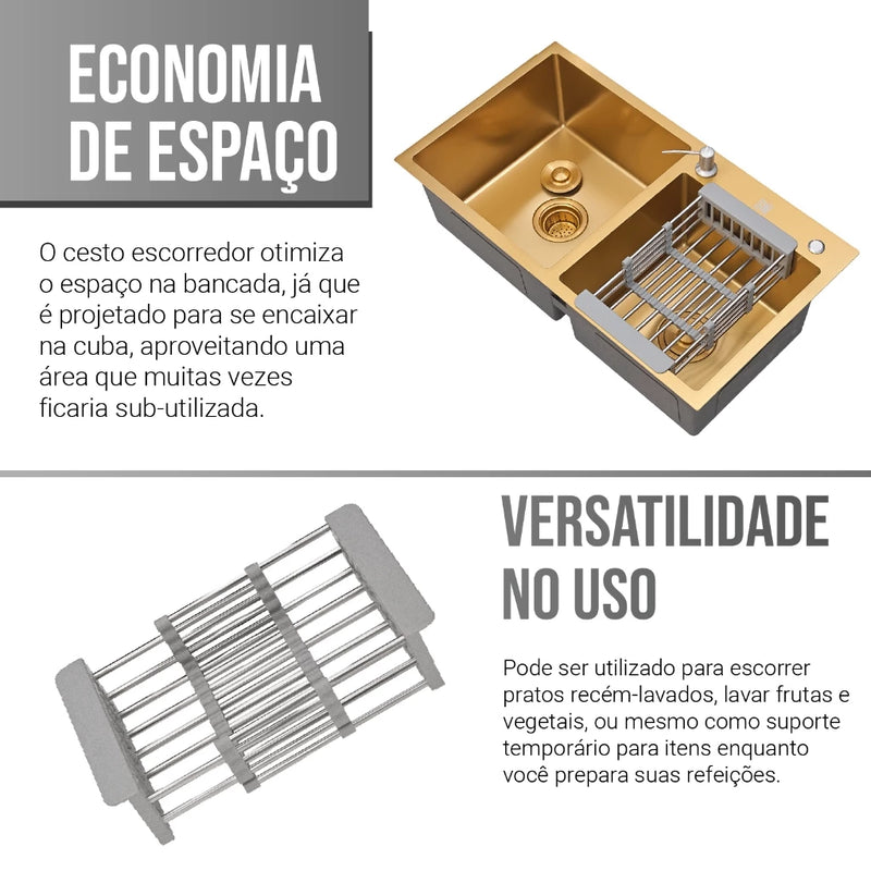 Kit Cuba Dupla Inox 78x43 + Torneira Dourada Completa Lux Gold