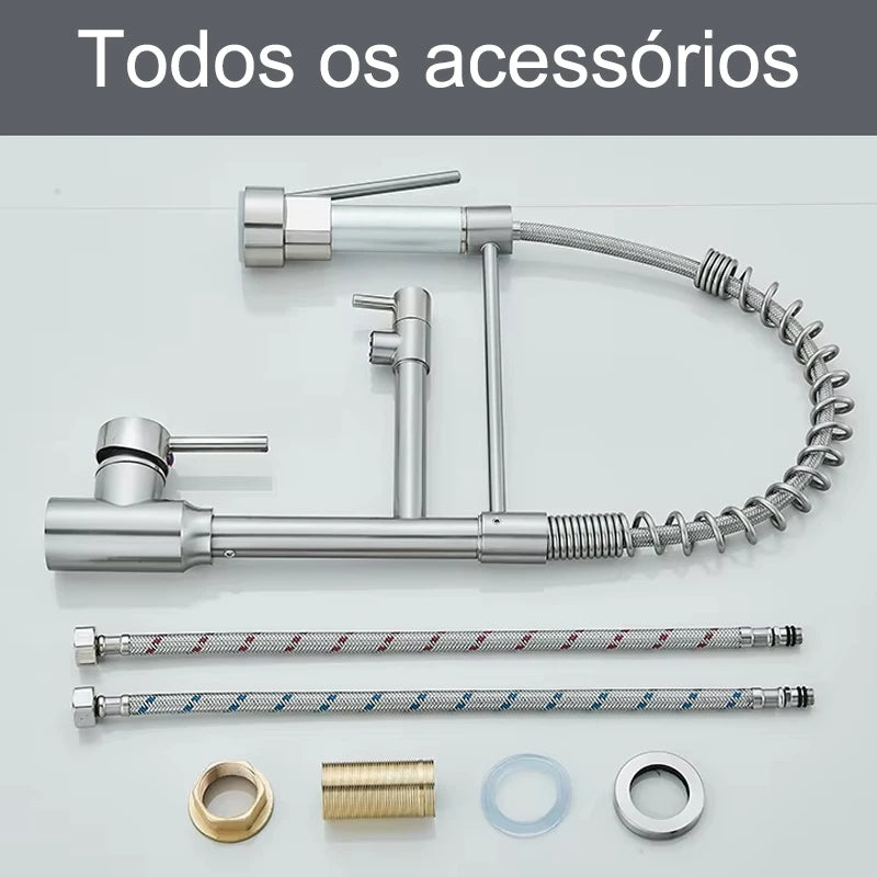 Acessórios da Torneira Gourmet Monocomando Spray Duo Harvy em aço inox com mangueiras e vedações.