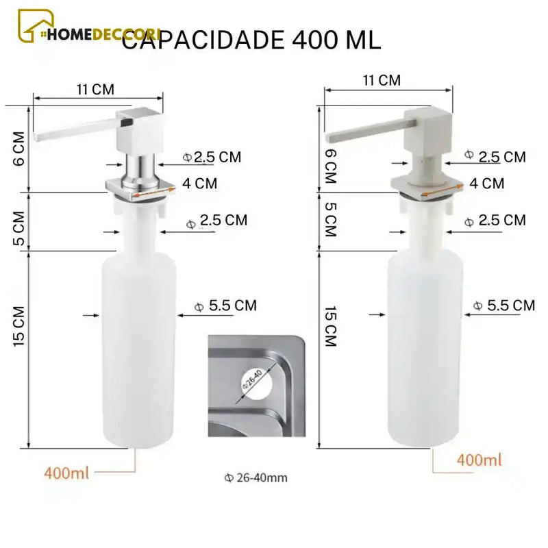 Dispenser De Detergente Embutido Metal Quadrado 400 Ml Hidenlux Dispenser