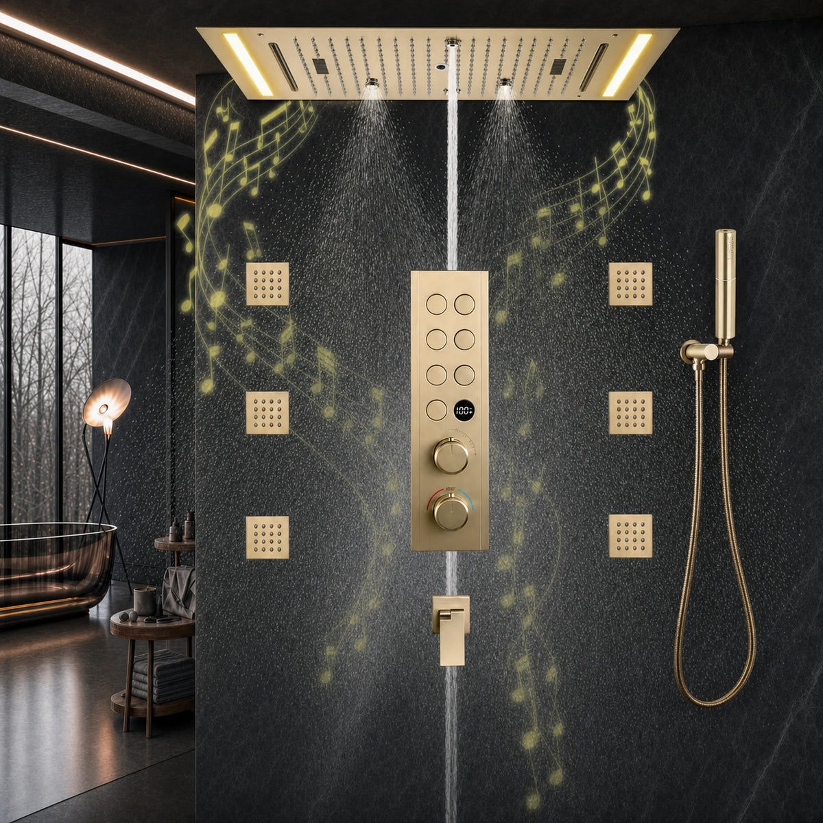 Ducha De Teto Embutir Inox 63x33 LED Bluetooth Spa Lumière