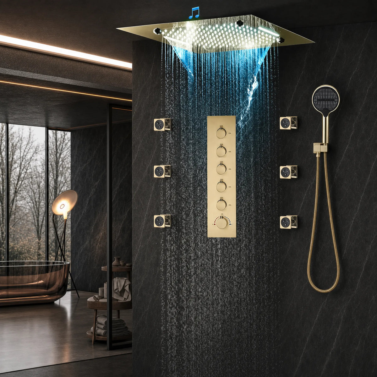 Ducha De Teto Embutir Inox 50x50 LED Bluetooth Spa Zenithe