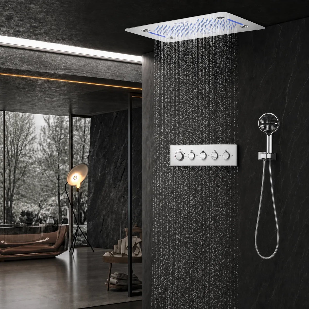 Ducha De Teto Embutir Inox 58x38 LED Bluetooth Spa Vortex