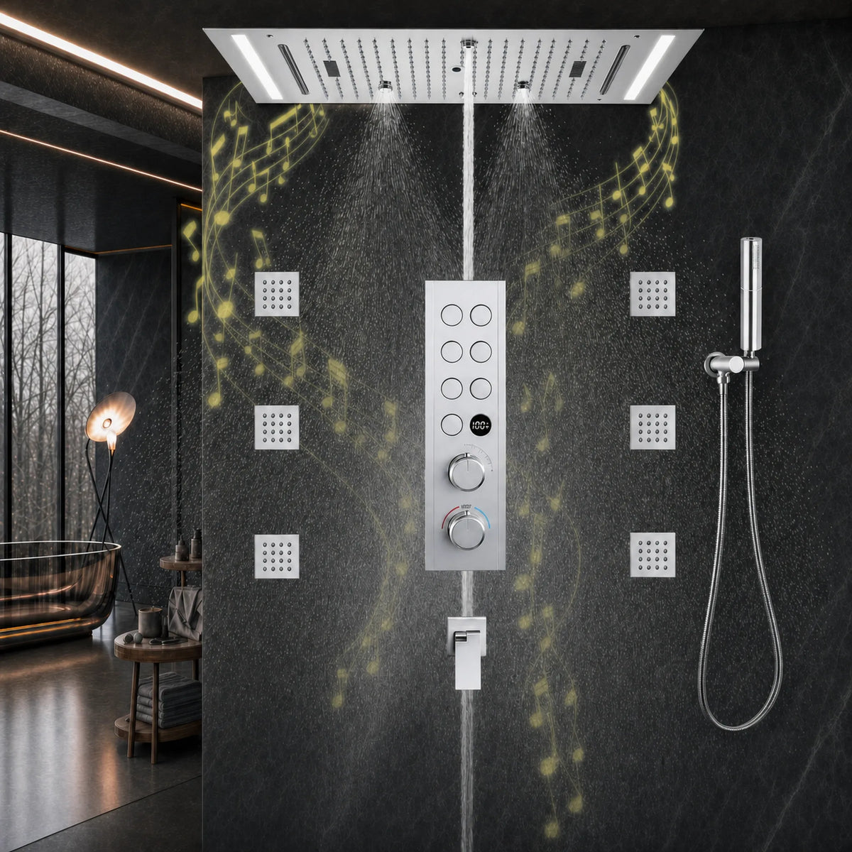 Ducha De Teto Embutir Inox 63x33 LED Bluetooth Spa Lumière - Homedeccori
