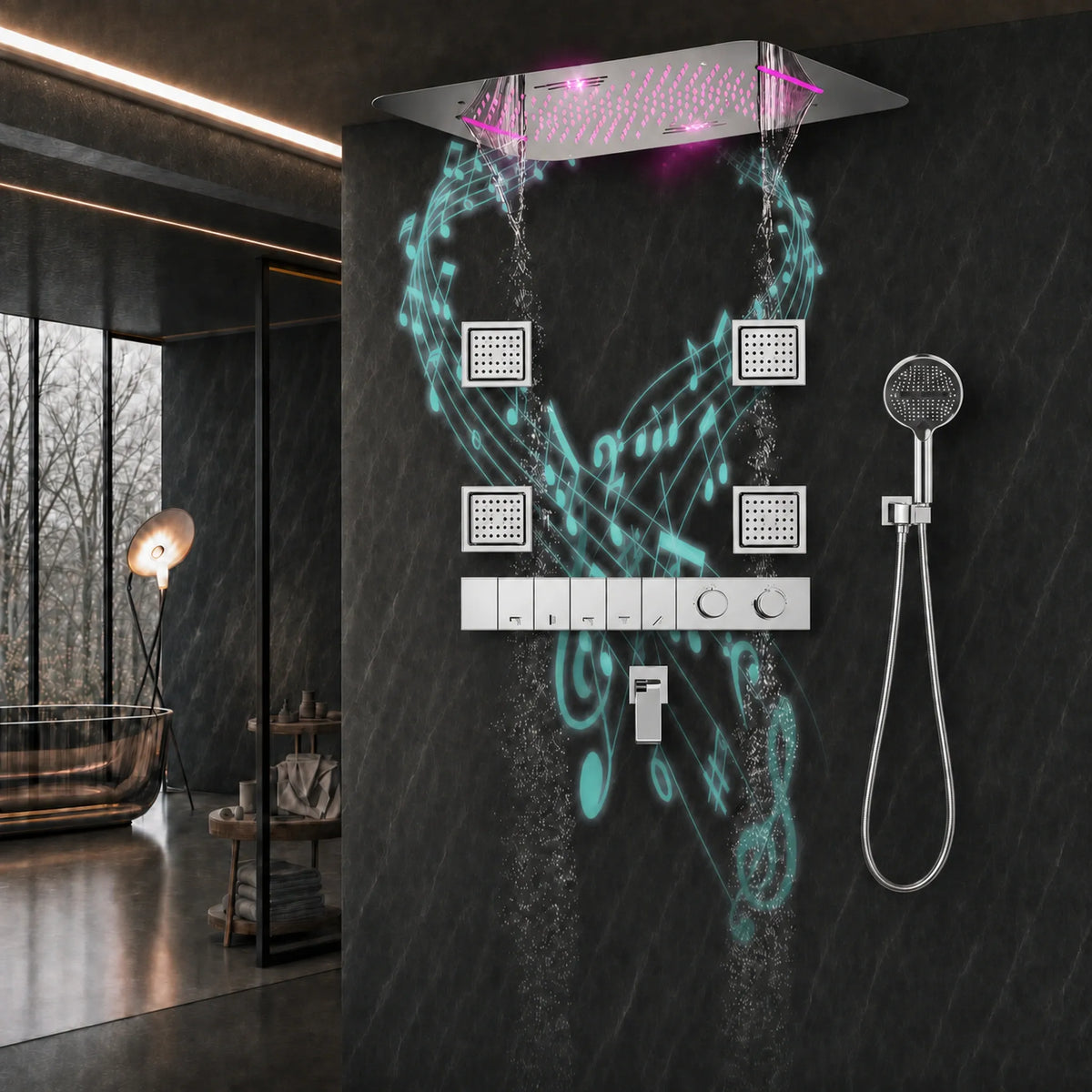 Ducha De Teto Embutir Inox 58x38 LED Bluetooth Spa Rivoli