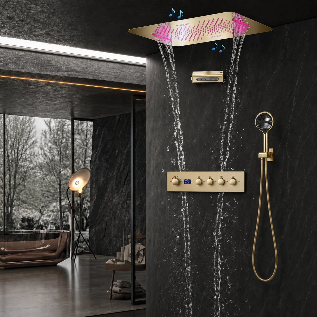 Ducha De Teto Embutir Inox 58x38 LED Bluetooth Bica Noblesse