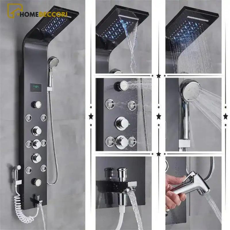 Ducha Vertical Spa Hidromassagem Cascata Led Display Digital Inox AquaRelax Slim - Homedeccori