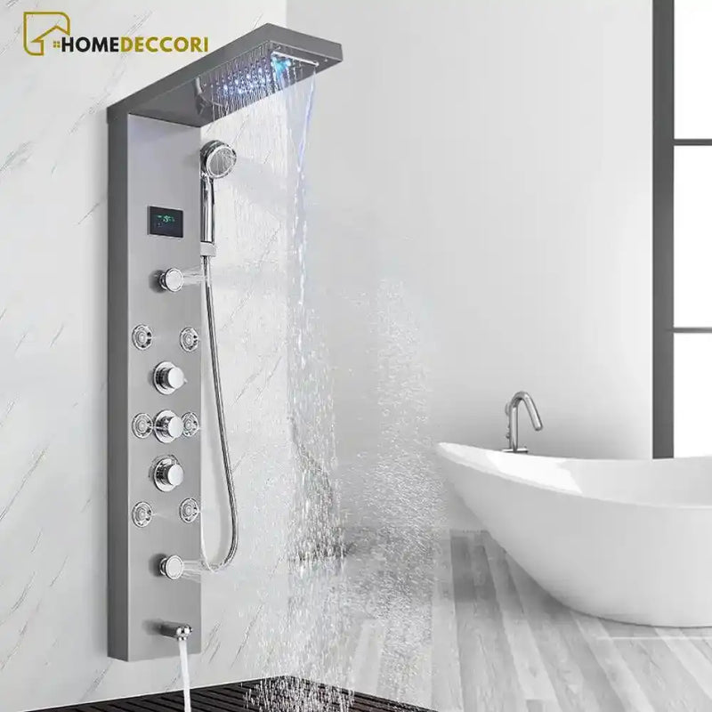 Ducha Vertical Com Hidro Cascata Led Inox Aquarelax Níquel Escovado / Á Pronta Entrega Spa